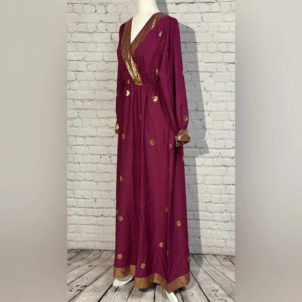 SHEIN Maroon Maxi Dress/Abaya with Gold Floral Accents - Picture 3 of 10